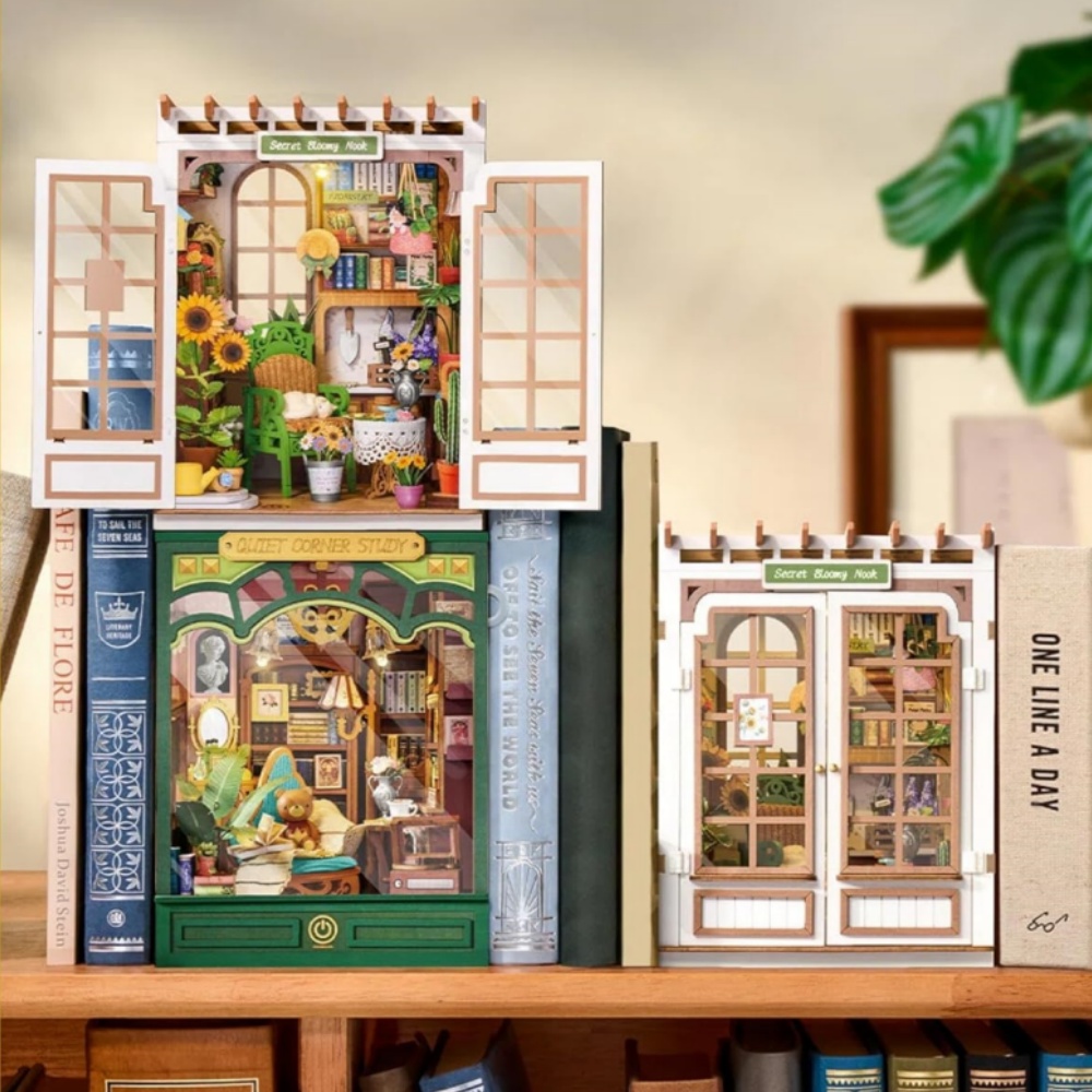 Woodworking Book - RolifeブックヌックキットDIYミニチュアキット（ライト付き）シークレットブローミーヌックブックヌックモデルキット、デスク、図書館、本棚の装飾用