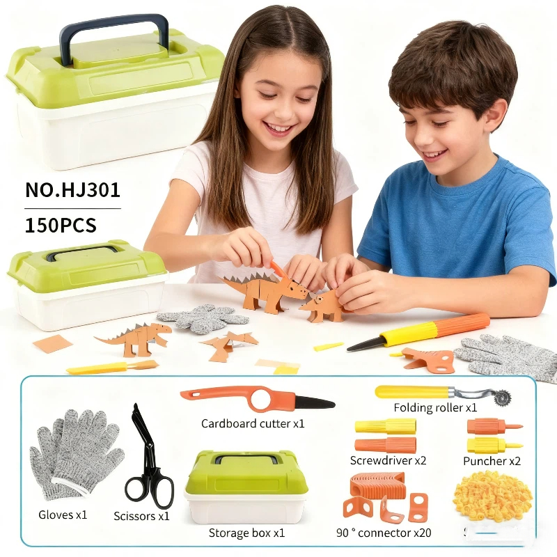 Woodworking Veneer Cutter - AT19-カッターとツールボックス付き子供用段ボールツール-150個入り段ボール製組み立てキット、家族やチーム活動に最適新品