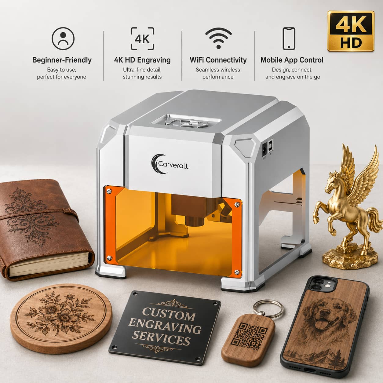 Woodworking Veneer Cutter - カバーラルレーザー彫刻機、K4 3W、A1 Pro 5W/10W、HDカメラポジショニング＆デュアルレーザーメタルカッター、WiFiアプリ制御、木製アクリル革DIYクラフト家庭用ワークショップ向け密閉型デスクトップ彫刻ツール
