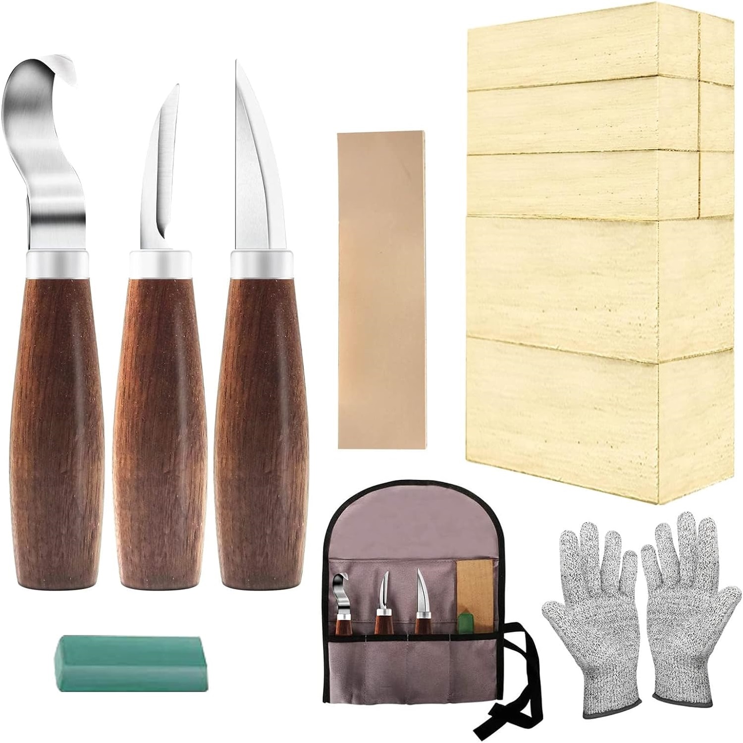 Woodworking Kits For Adults - 大人と子供の初心者向けのバスウッドブロックセット付き木彫り初心者キット、ウィッディングナイフ3本、ブロック8本などが含まれます。